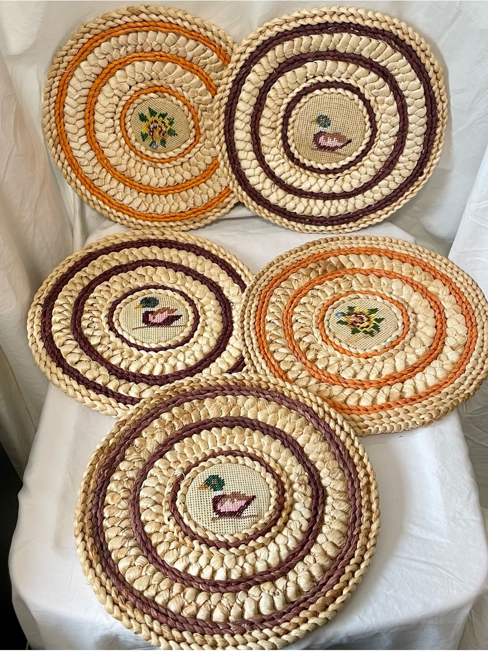 5 Vintage Woven Round Braided Trivets with Cross-Stitch Centers Cottagecore